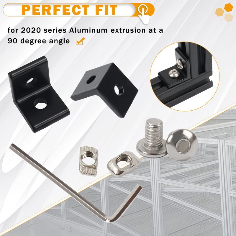 KOOTANS 10Set 2020Series 2 Hole 90 Degree Inside Corner Bracket Kit, Black L Corner Bracket for 2020 Aluminum Extrusion Profile 6mm Slot with 20pcs M5 T Nuts, 20pcs M5 Hex Screw, 1pcs Wrench - Image 5